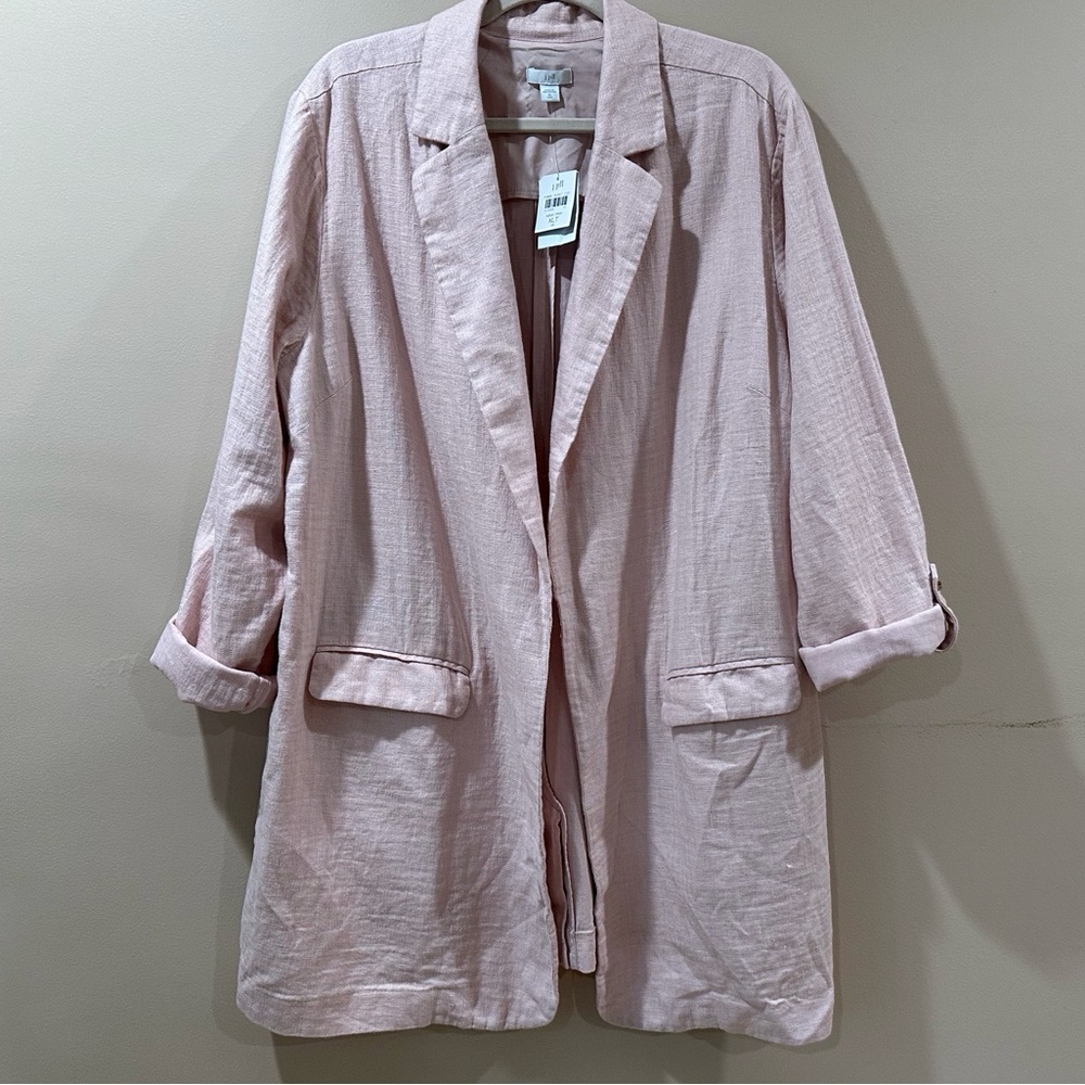 J.Jill Women’s Jacket Linen Blend Open Coat Mink Pink Size XL Tall Pockets New